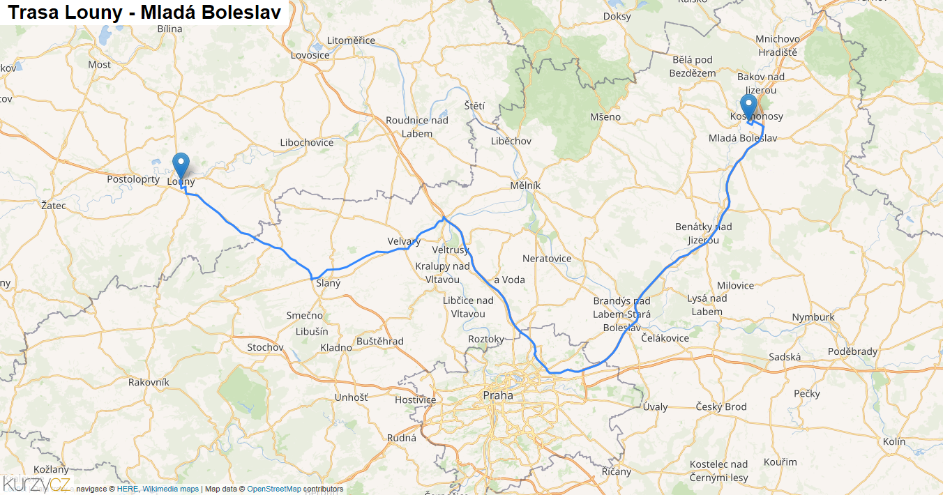 Louny-Mladá Boleslav, mapa trasy