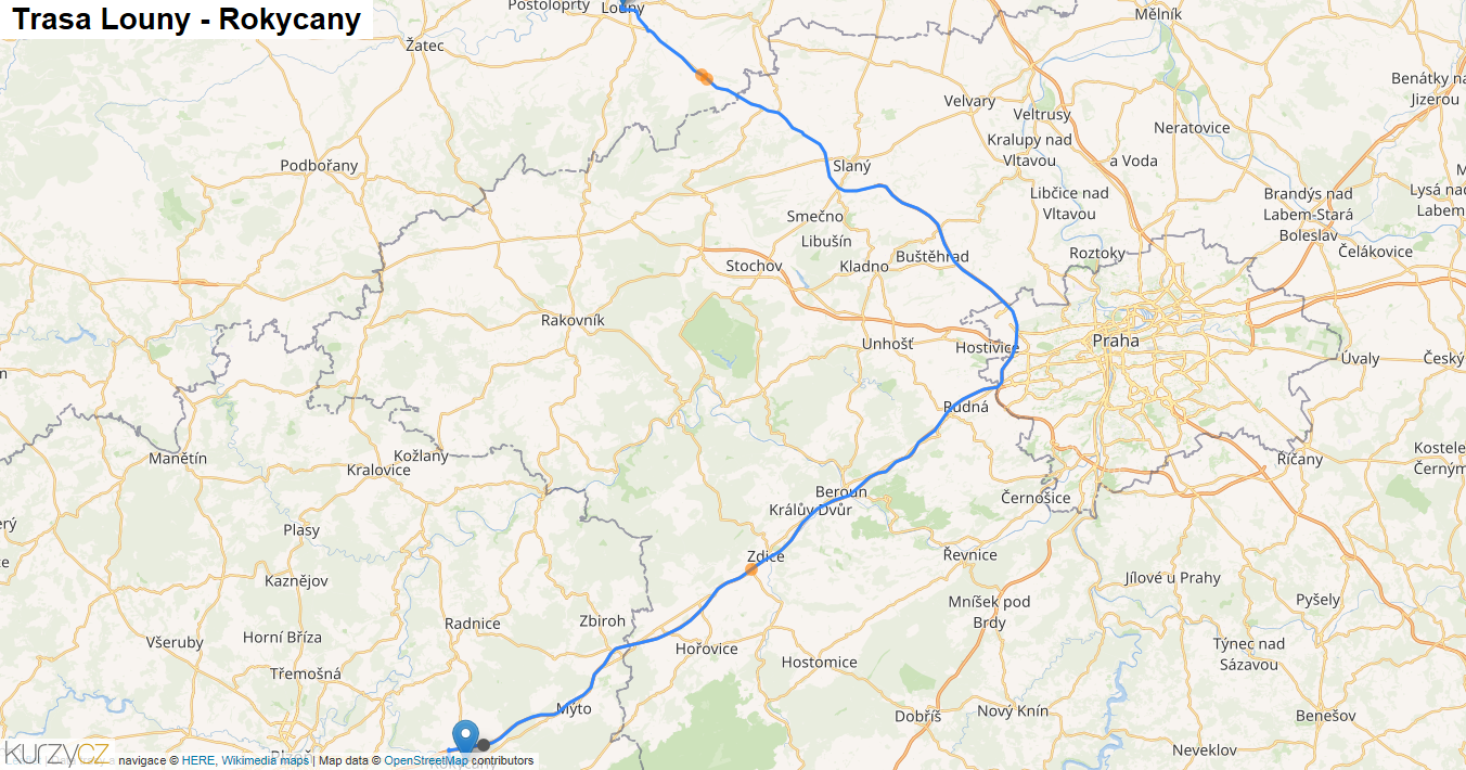 Louny-Rokycany, mapa trasy