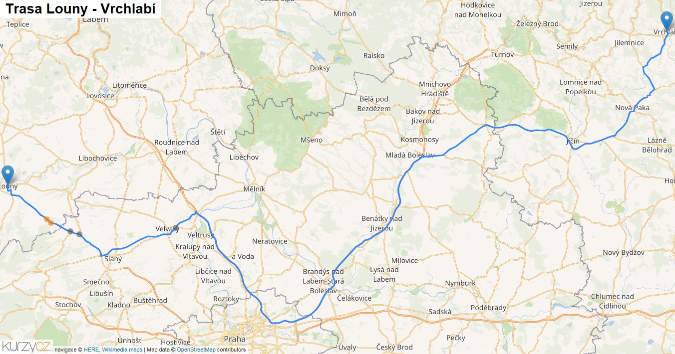 Louny-Vrchlabí, mapa trasy
