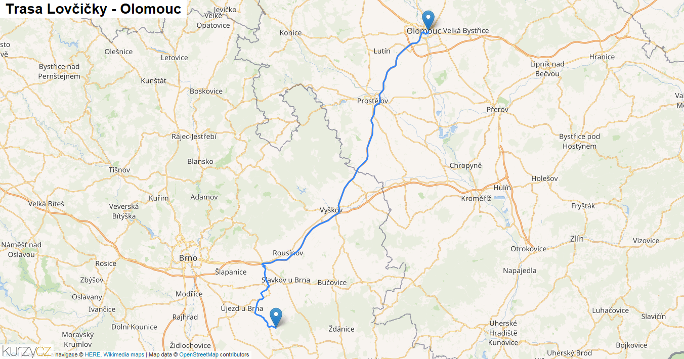 Lovčičky-Olomouc, mapa trasy