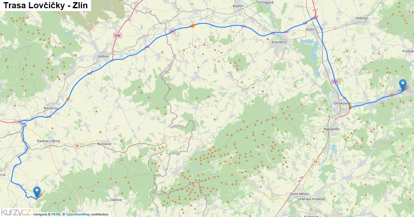 Lovčičky-Zlín, mapa trasy