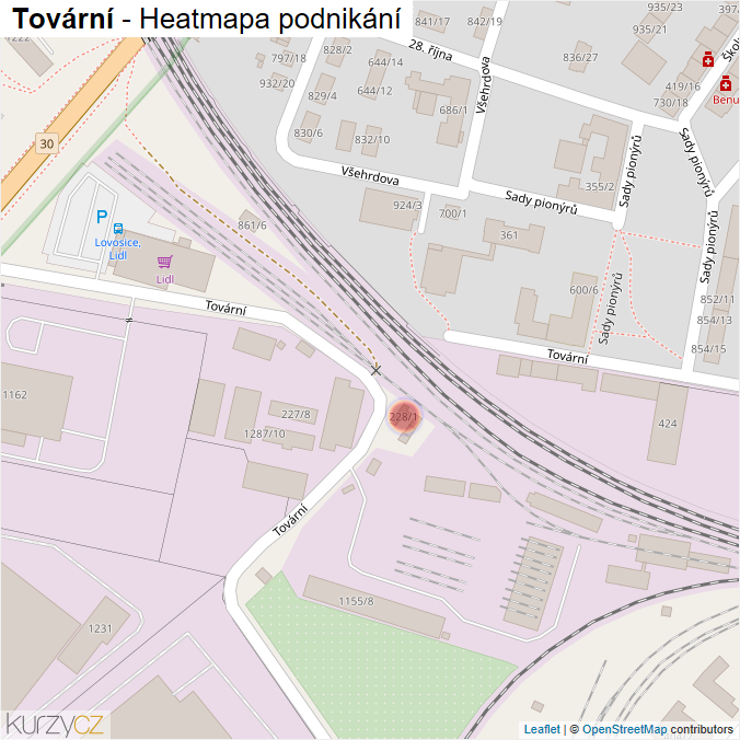 Mapa Tovární - Firmy v ulici.