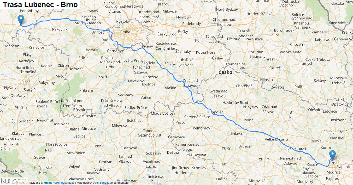 Lubenec-Brno, mapa trasy