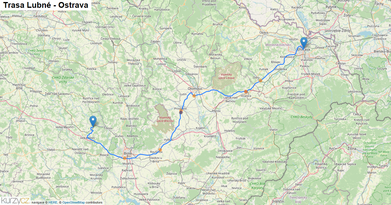 Lubné-Ostrava, mapa trasy
