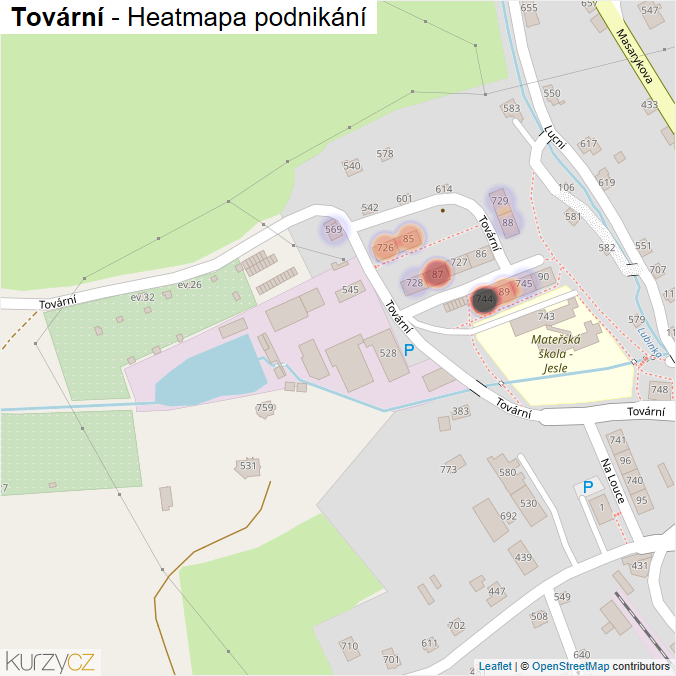 Mapa Tovární - Firmy v ulici.