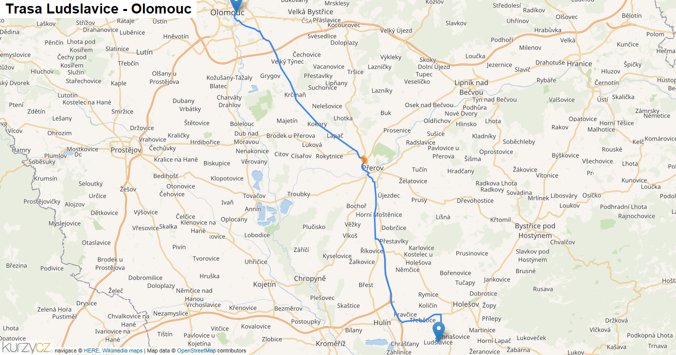 Ludslavice-Olomouc, mapa trasy