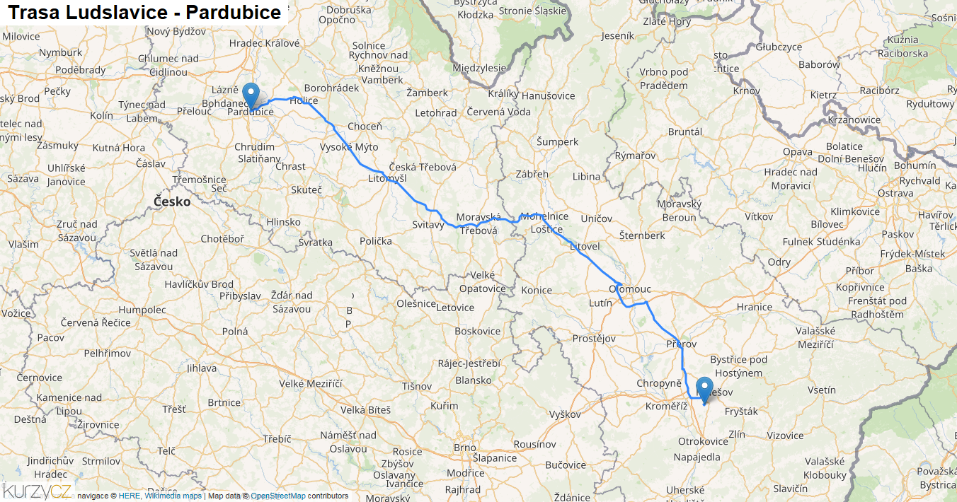Ludslavice-Pardubice, mapa trasy