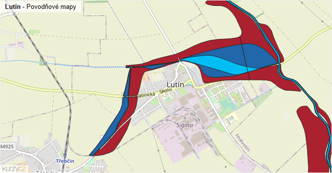 Lutín - záplavové mapy stoleté vody