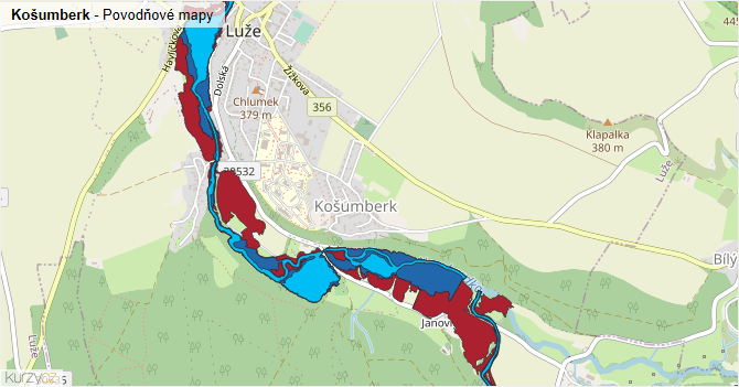 Košumberk - záplavové mapy stoleté vody
