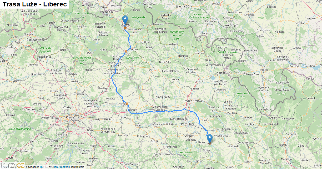 Luže-Liberec, mapa trasy