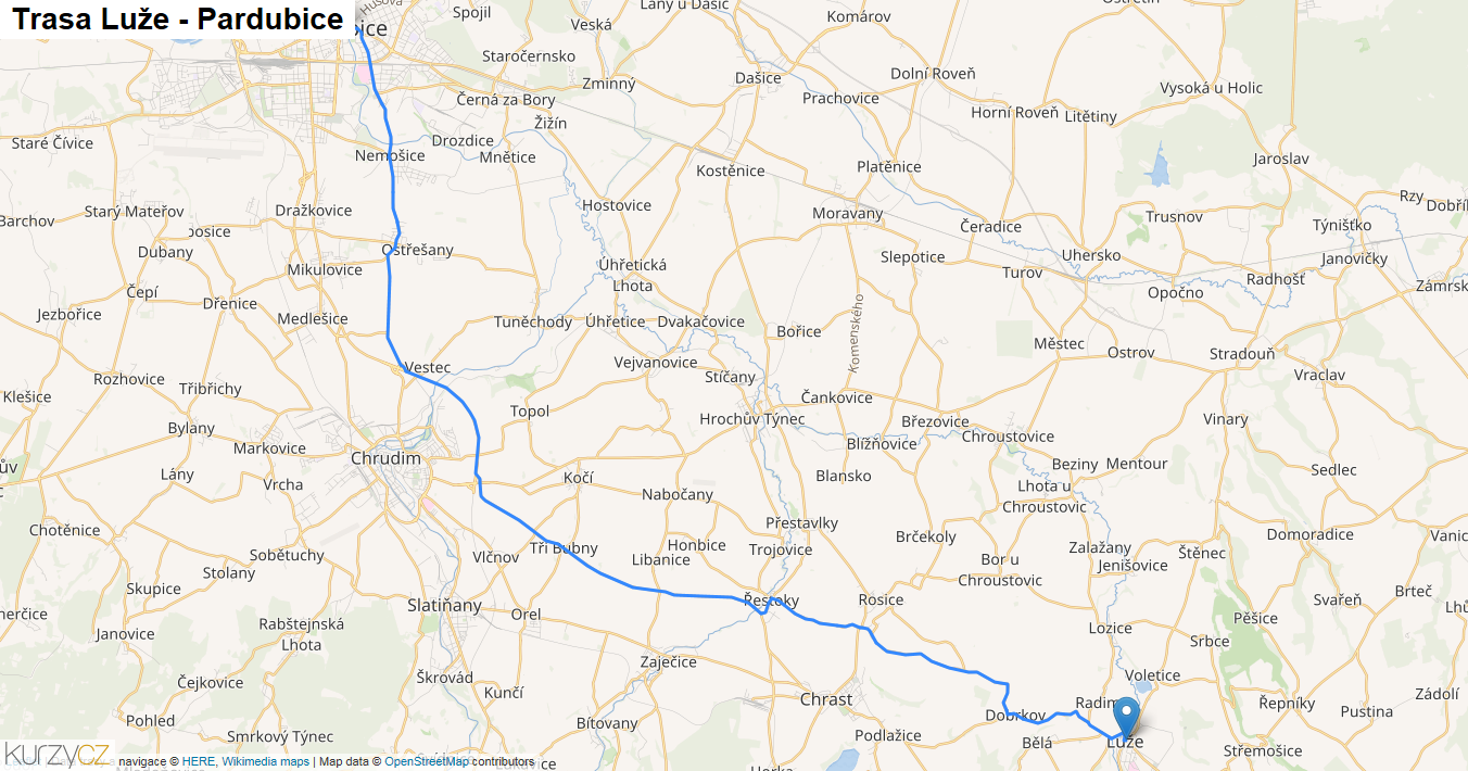 Luže-Pardubice, mapa trasy