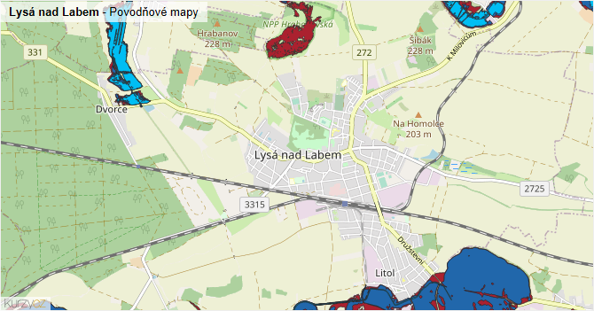 Lysá nad Labem - záplavové mapy stoleté vody