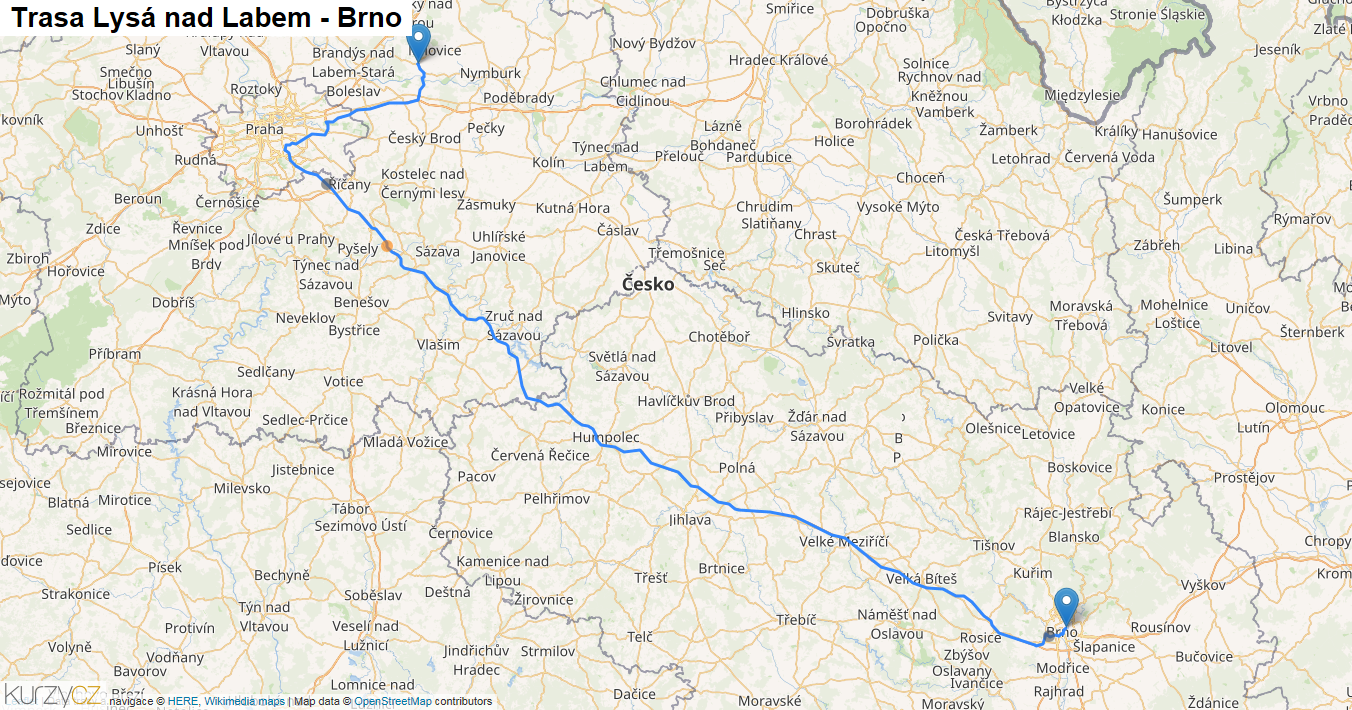 Lysá nad Labem-Brno, mapa trasy
