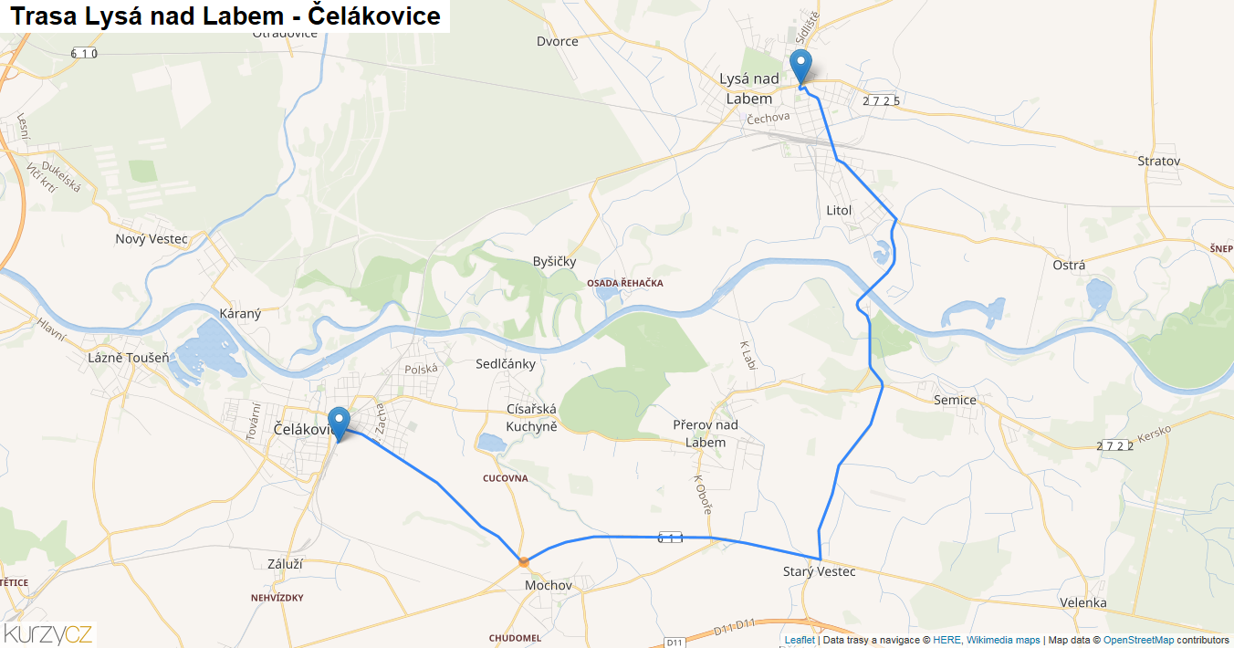 Lysá nad Labem-Čelákovice, mapa trasy