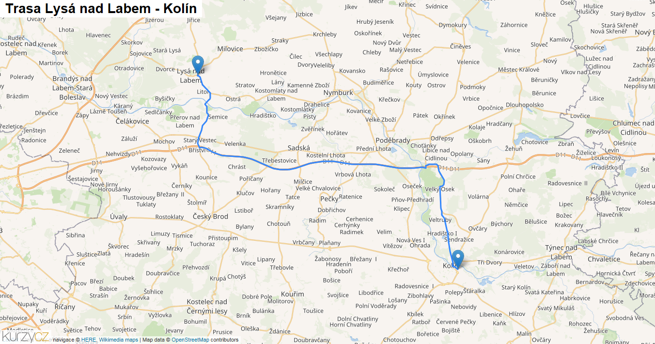 Lysá nad Labem-Kolín, mapa trasy