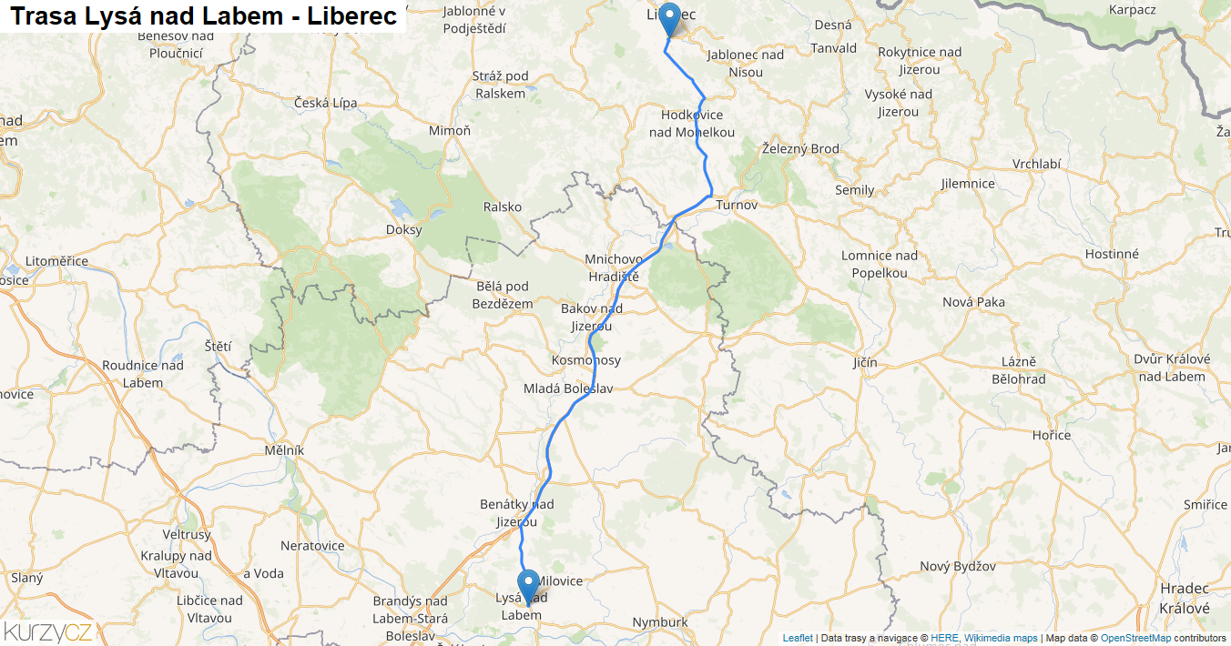 Lysá nad Labem-Liberec, mapa trasy