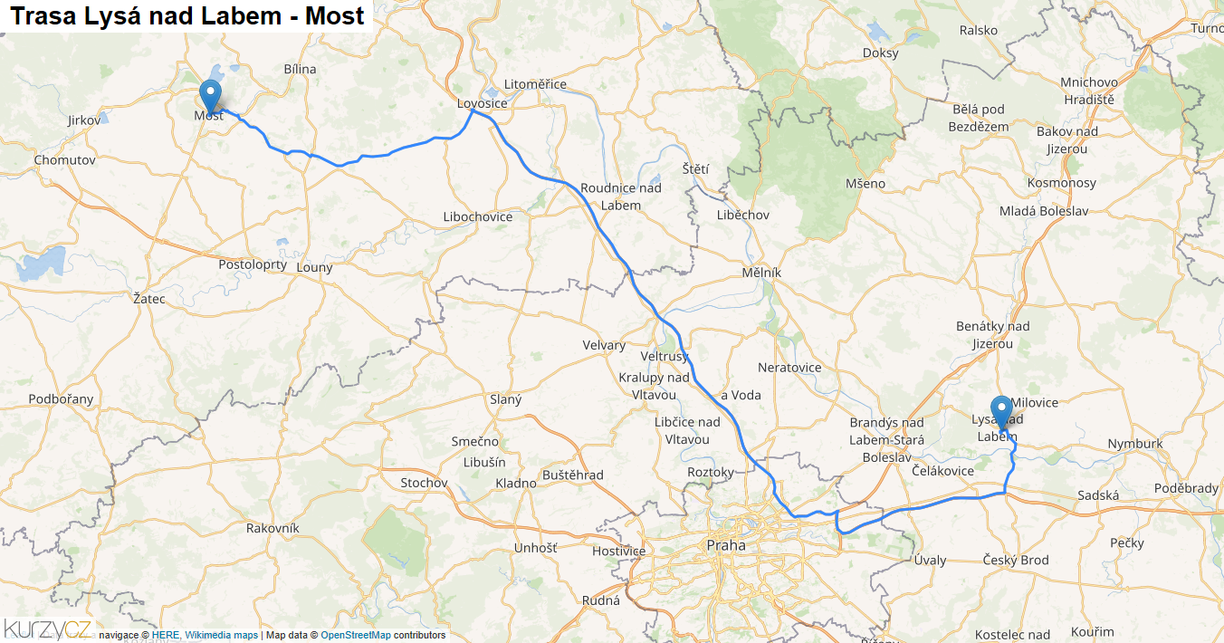 Lysá nad Labem-Most, mapa trasy