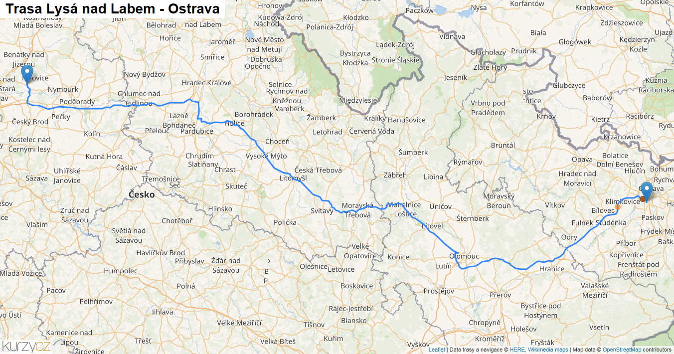 Lysá nad Labem-Ostrava, mapa trasy