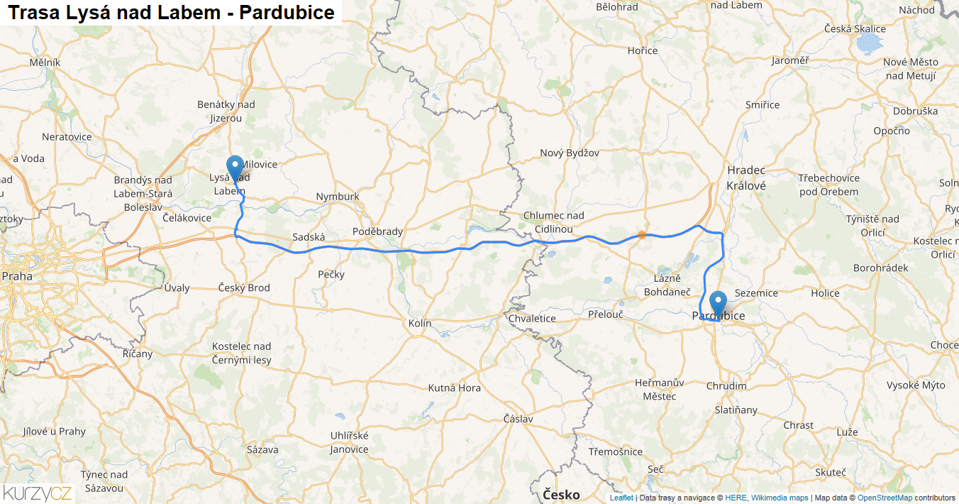 Lysá nad Labem-Pardubice, mapa trasy