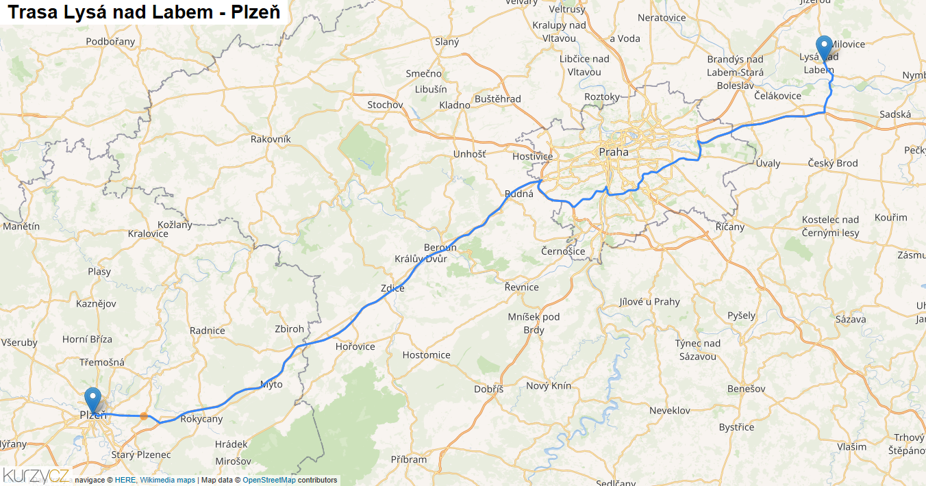 Lysá nad Labem-Plzeň, mapa trasy