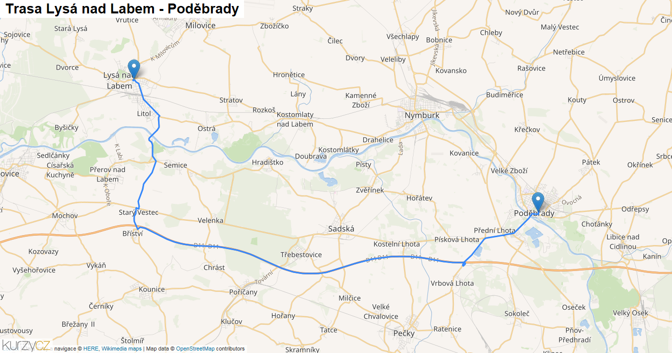 Lysá nad Labem-Poděbrady, mapa trasy