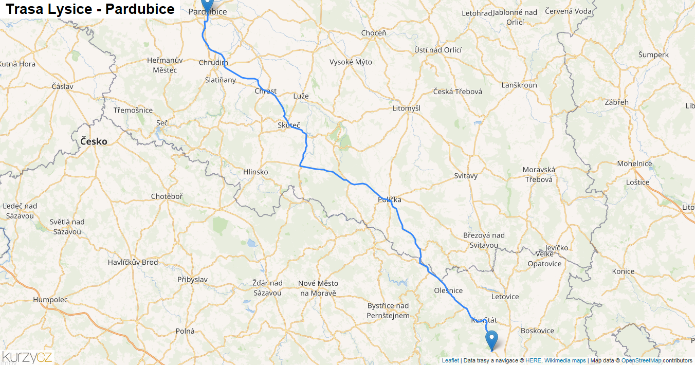 Lysice-Pardubice, mapa trasy