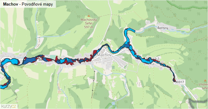 Machov - záplavové mapy stoleté vody