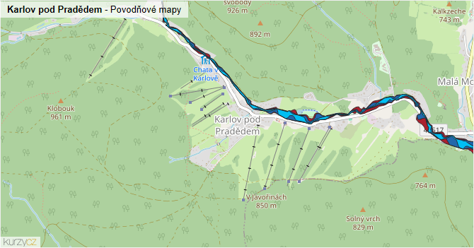 Karlov pod Pradědem - záplavové mapy stoleté vody