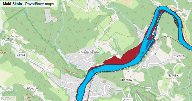 Malá Skála - záplavové mapy stoleté vody