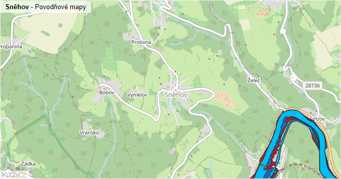 Sněhov - záplavové mapy stoleté vody