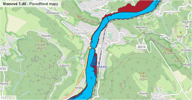 Vranové 1.díl - záplavové mapy stoleté vody