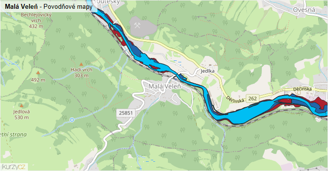 Malá Veleň - záplavové mapy stoleté vody