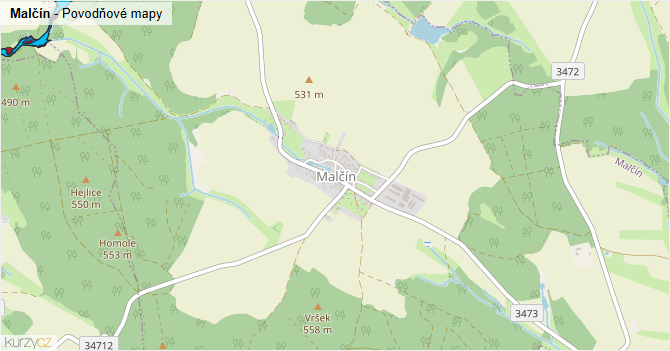 Malčín - záplavové mapy stoleté vody
