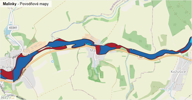 Malínky - záplavové mapy stoleté vody