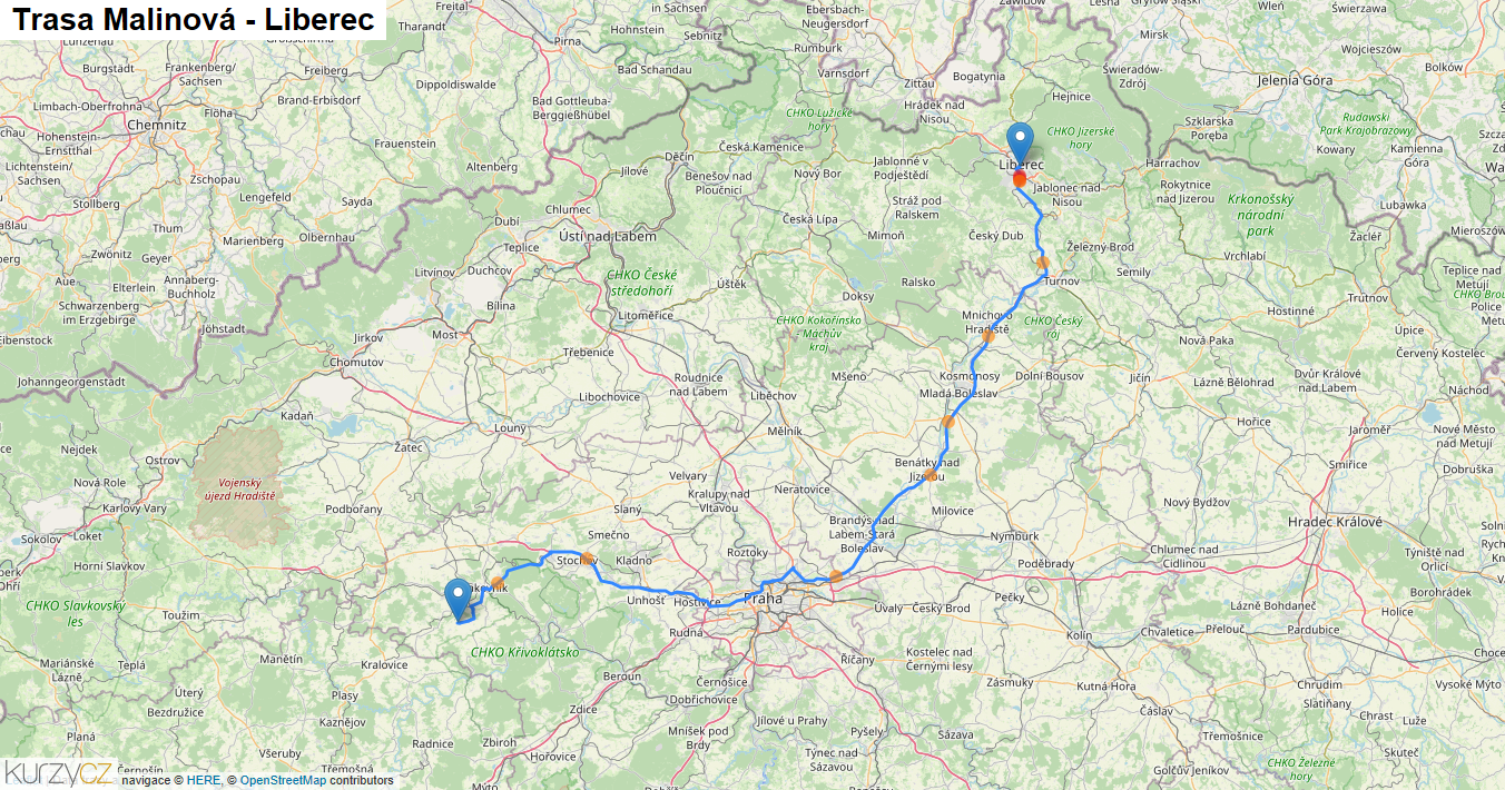 Malinová-Liberec, mapa trasy