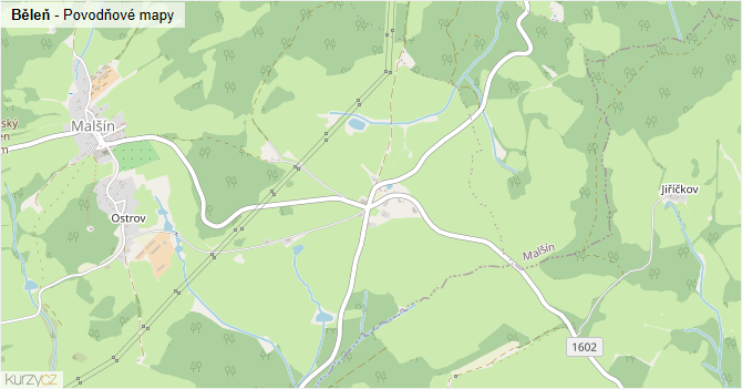 Běleň - záplavové mapy stoleté vody