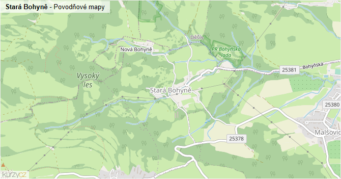 Stará Bohyně - záplavové mapy stoleté vody