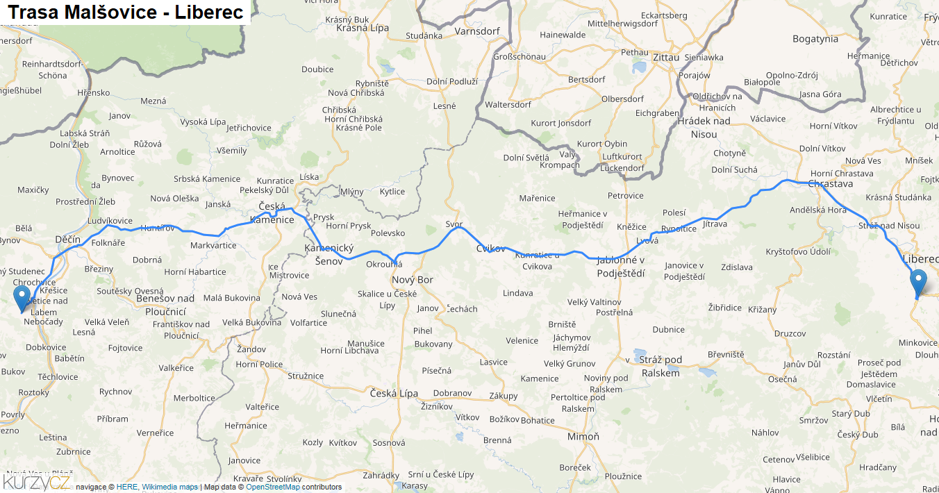 Malšovice-Liberec, mapa trasy