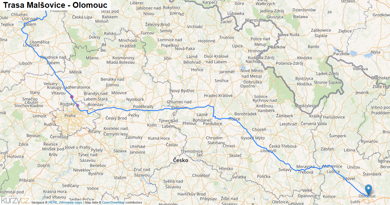 Malšovice-Olomouc, mapa trasy