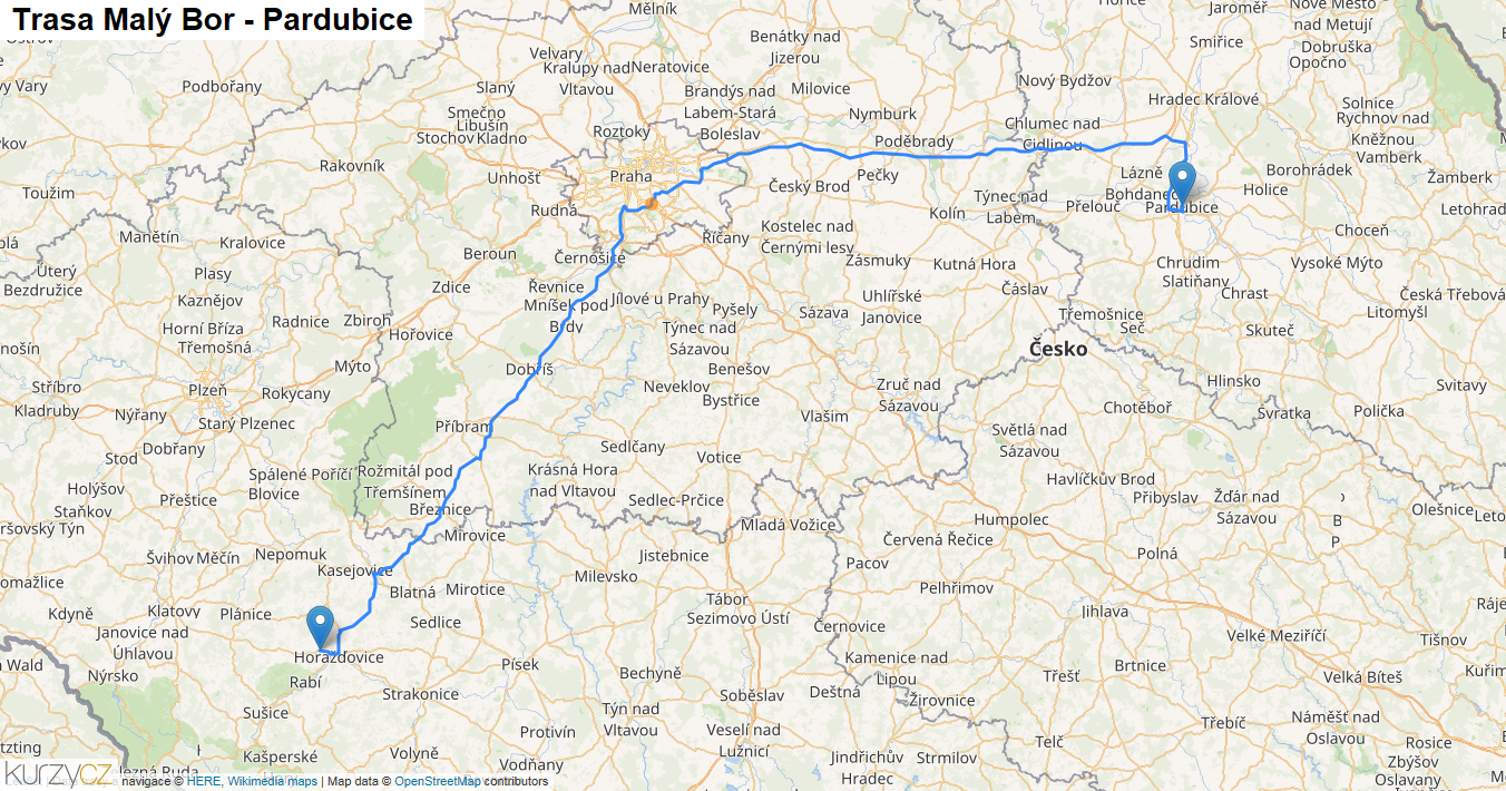 Malý Bor-Pardubice, mapa trasy