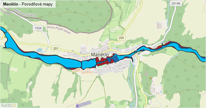 Manětín - záplavové mapy stoleté vody