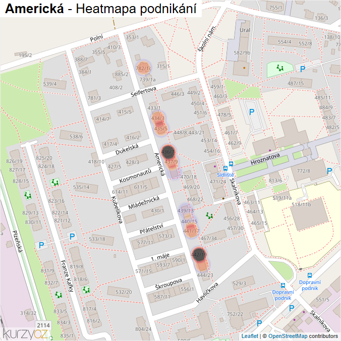 Mapa Americká - Firmy v ulici.