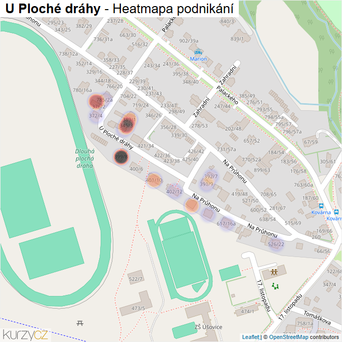Mapa U Ploché dráhy - Firmy v ulici.