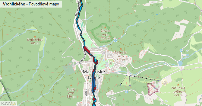 Vrchlického - záplavové mapy stoleté vody