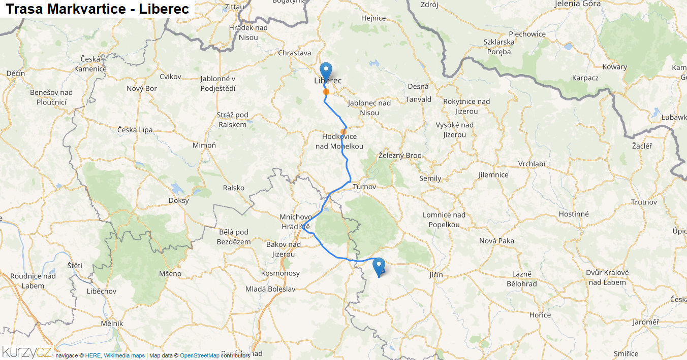 Markvartice-Liberec, mapa trasy