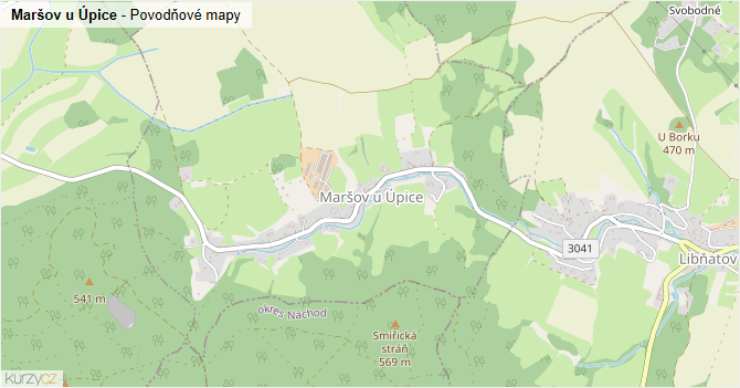 Maršov u Úpice - záplavové mapy stoleté vody