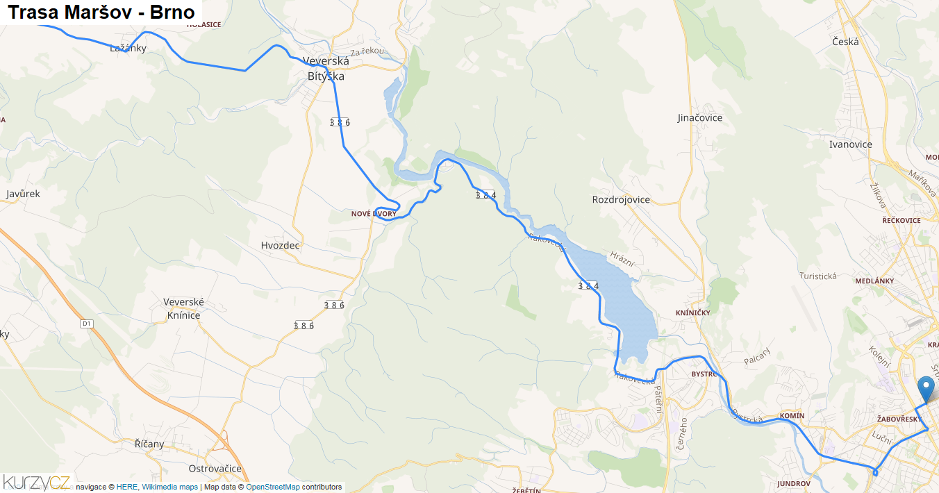 Maršov-Brno, mapa trasy