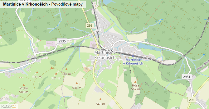 Martinice v Krkonoších - záplavové mapy stoleté vody