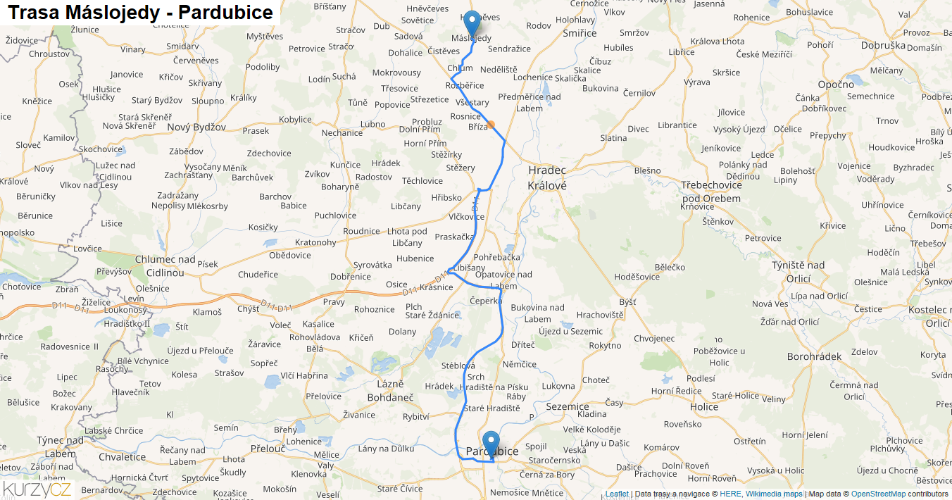 Máslojedy-Pardubice, mapa trasy