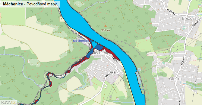 Měchenice - záplavové mapy stoleté vody